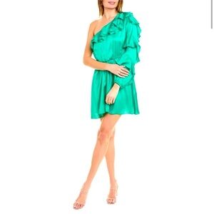 NWT THE KOOPLES Mini Asymmetric Green Dress w/ Ruffle Sleeve & Neckline size M